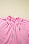 Pink 1/2 Zip Puff Sleeve Top and Ruffled Shorts Set