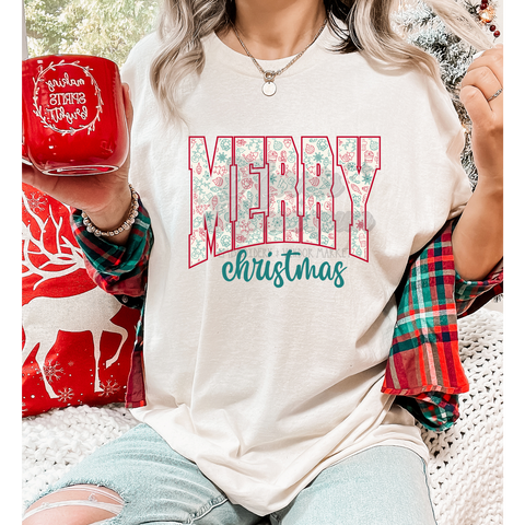 Floral MERRY Red Outline DTF Print