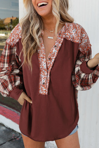 Red Colorblock Plaid and Floral Top