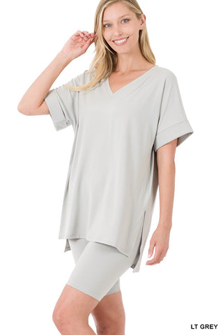 Light Grey Brushed DTY Microfiber V-Neck and Biker Shorts Set