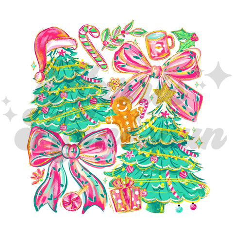 Neon Pink Trees and Bows DTF Print
