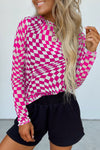 Rose Checkered Mesh Mock Neck Long Sleeve Top