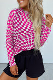 Rose Checkered Mesh Mock Neck Long Sleeve Top