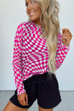 Rose Checkered Mesh Mock Neck Long Sleeve Top