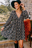 Black Floral Deep V-Neck Smocked Dress
