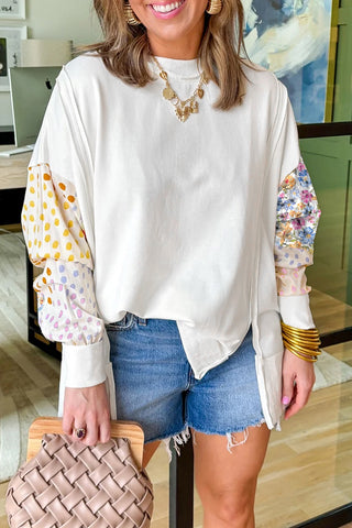 White Floral Patchwork Sleeves Pullover