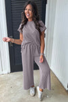 Smoke Corded Knit Short Sleeve T-Shirt and Wide Leg Pant Set