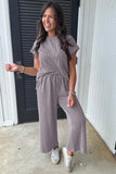 Smoke Corded Knit Short Sleeve T-Shirt and Wide Leg Pant Set