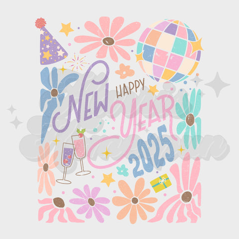 Happy New Year 2025 Pastel Flowers DTF Print