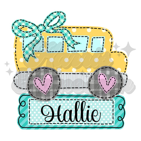 Yellow Bus with Bow Faux Embroidery DTF Transfer