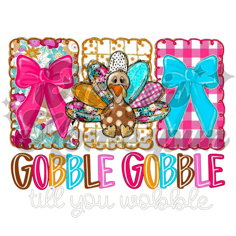 Gobble Gobble Pink Bows and Turkey DTF Print