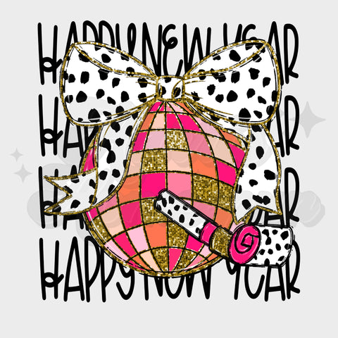 Happy New Year Disco Ball Bow DTF Print