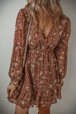 Brown Floral Long Sleeve Dress
