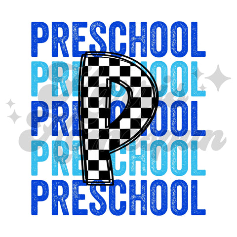 Blue Preschool Checkered P DTF Print