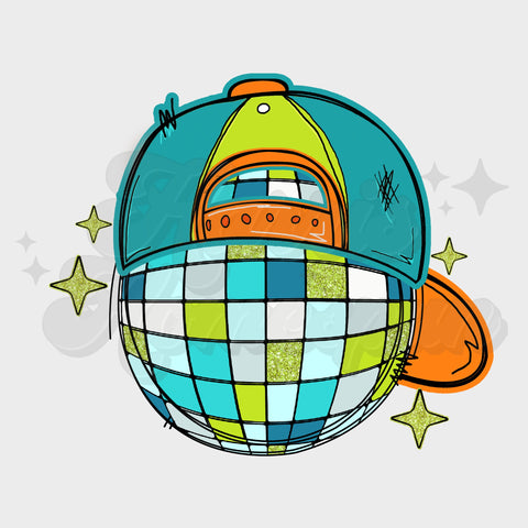 Blue Disco Ball with Hat DTF Print