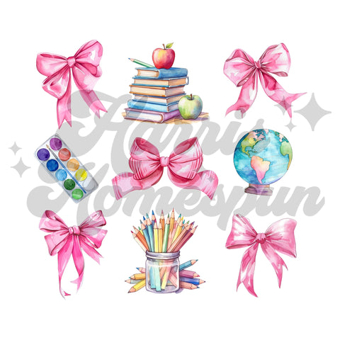 Pink Bows School Stuff DTF Print