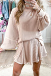 Apricot Corded Lantern Sleeve Top High Waist Ruffle Mini Skort Set