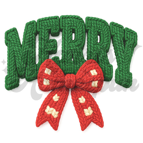 Merry with Red Bow Faux Yarn DTF Print