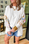 White Floral Patchwork Sleeves Pullover