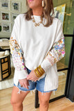 White Floral Patchwork Sleeves Pullover