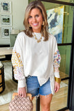 White Floral Patchwork Sleeves Pullover