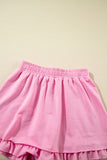 Pink 1/2 Zip Puff Sleeve Top and Ruffled Shorts Set