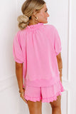 Pink 1/2 Zip Puff Sleeve Top and Ruffled Shorts Set