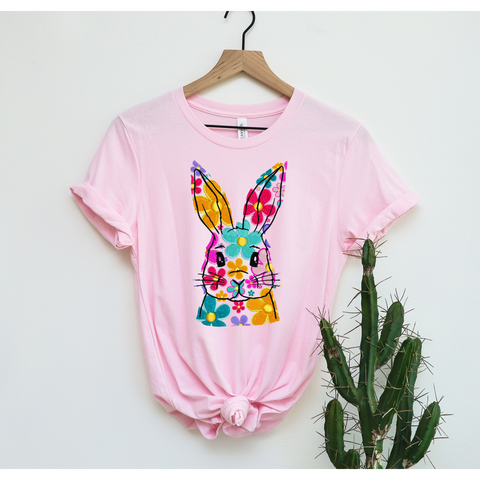 Floral Faux Embroidery Bunny DTF Print