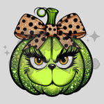 Grinch Pumpkin with Leopard Bow DTF Print