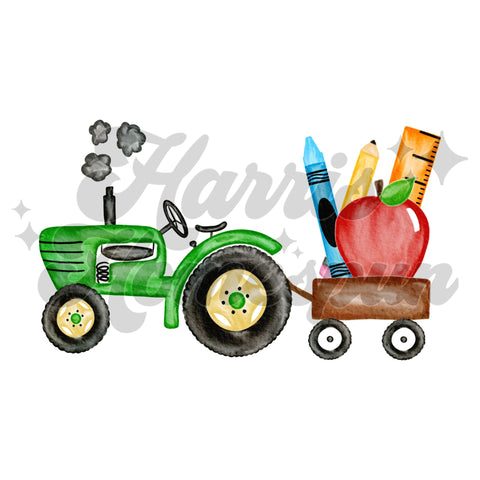 Green Tractor Pulling School Supplies DTF Print
