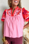 Pink Floral Embroidered V Neck Puff Sleeve Babydoll Blouse