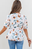 White Floral VNeck Puff Sleeve Top