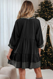 Black Stitched V-Neck 3/4 Sleeve Dress