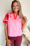 Pink Floral Embroidered V Neck Puff Sleeve Babydoll Blouse