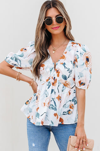 White Floral VNeck Puff Sleeve Top