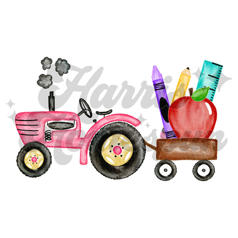 Pink Tractor Pulling School Supplies DTF Print