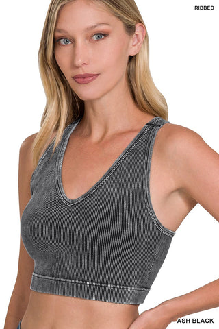 Ash Black Washed Ribbed Seamless Racerback Tank with Bra Pad