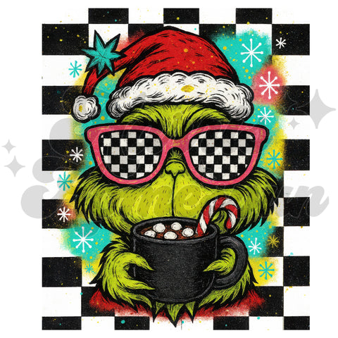 Green Friend Drinking Hot Cocoa DTF Print