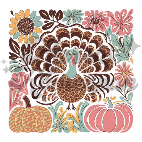 Floral Turkey with Pumpkins DTF Print