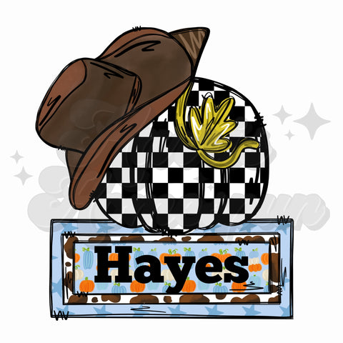 Checkered Western Pumpkin with Name Plate DTF Print