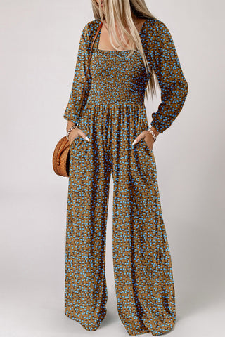 Long Sleeve Brown Floral Pant Romper
