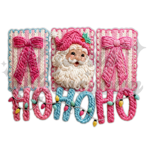 Faux Yarn Pink Santa and Bows DTF Print
