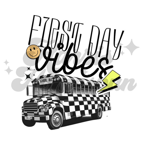 First Day Vibes Checkered Bus DTF Print