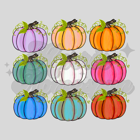 Nine Colorful Pumpkins DTF Print