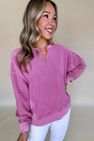 Pink Notched Neck Drop Shoulder Sweatshirt