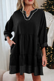 Black Stitched V-Neck 3/4 Sleeve Dress