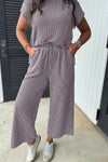 Smoke Corded Knit Short Sleeve T-Shirt and Wide Leg Pant Set