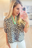 Leopard Contrast Neckline Puff Sleeve Top