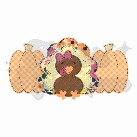 Faux Embroidery Turkey with Bow and Pumpkins DTF Print