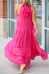Hot Pink High Frilled Neck Tired Maxi Dress